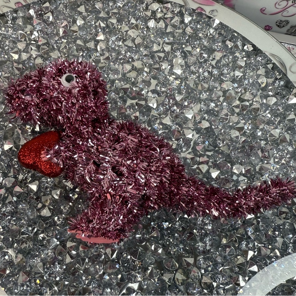 Plush Tinsel Dinosaur Holding Red Heart - Pink